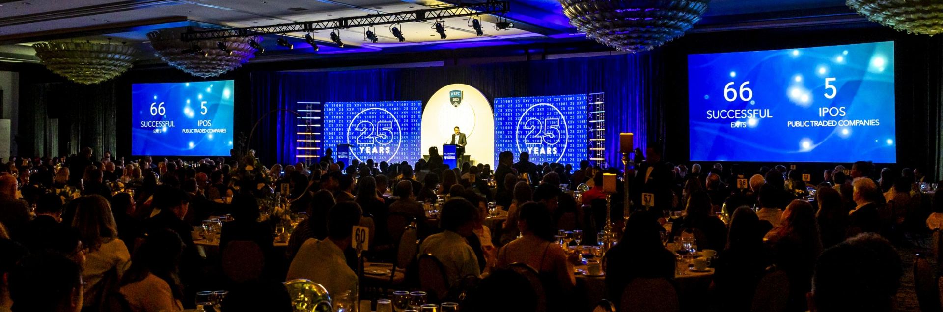 Rice Business Plan Competition 2025 awards dinner with a center stage screen and two outboard screens