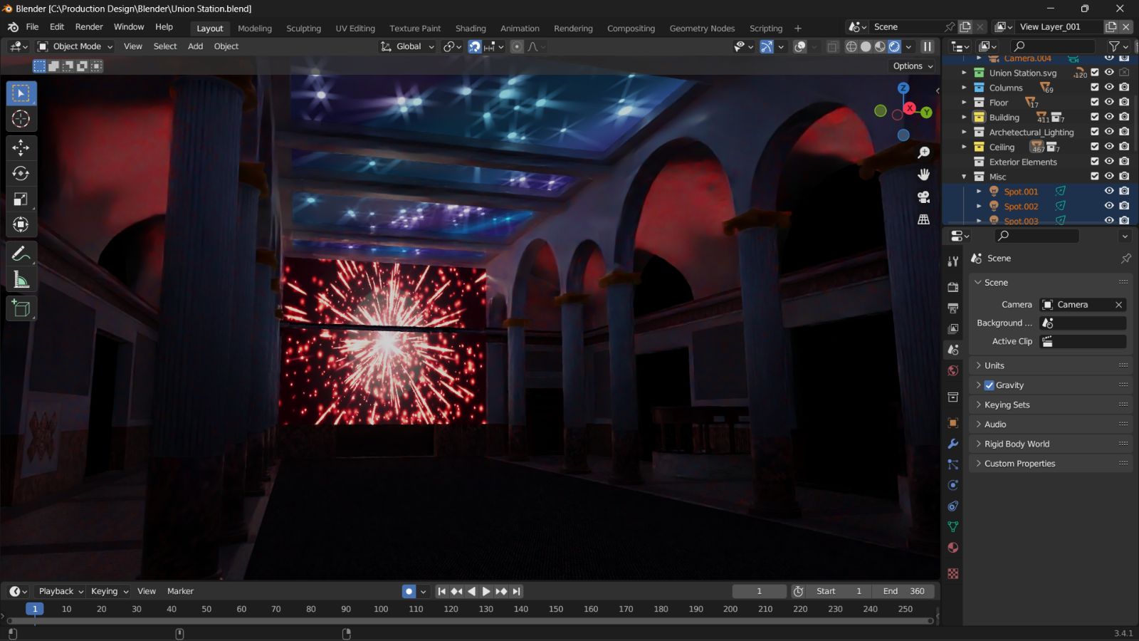 NAVP Blender pre-visualization of Historic Union Station, step 3: rendered preview with architectural lighting and projection content on the ceiling and back wall