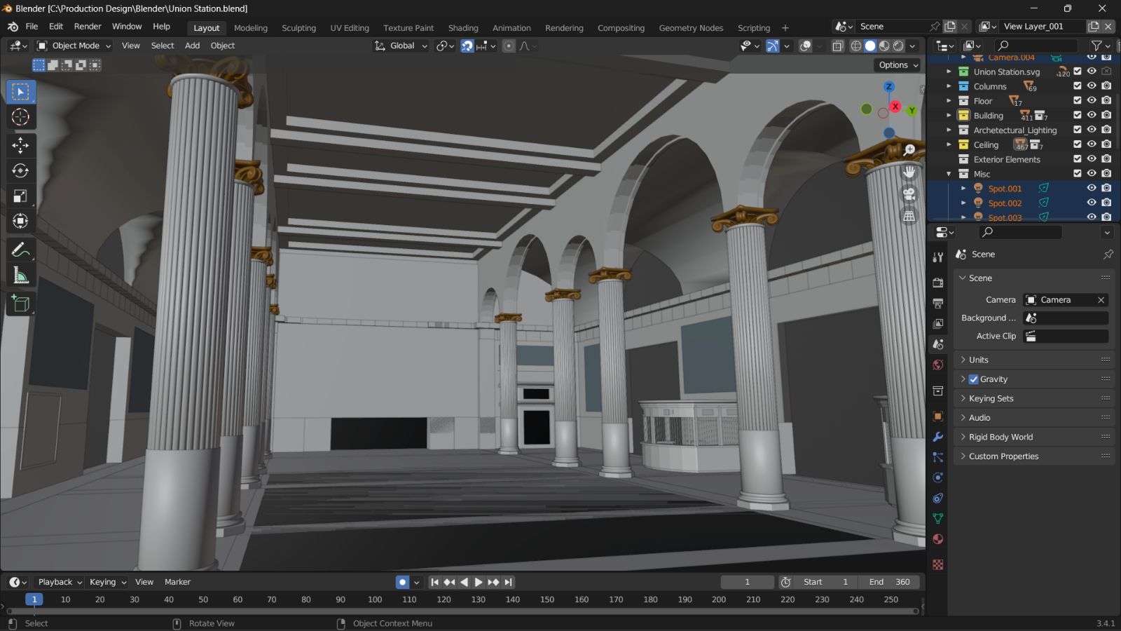 NAVP Blender pre-visualization of the Historic Union Station lobby, step 1: shaded 3D model of the columns, arches and ceiling bays