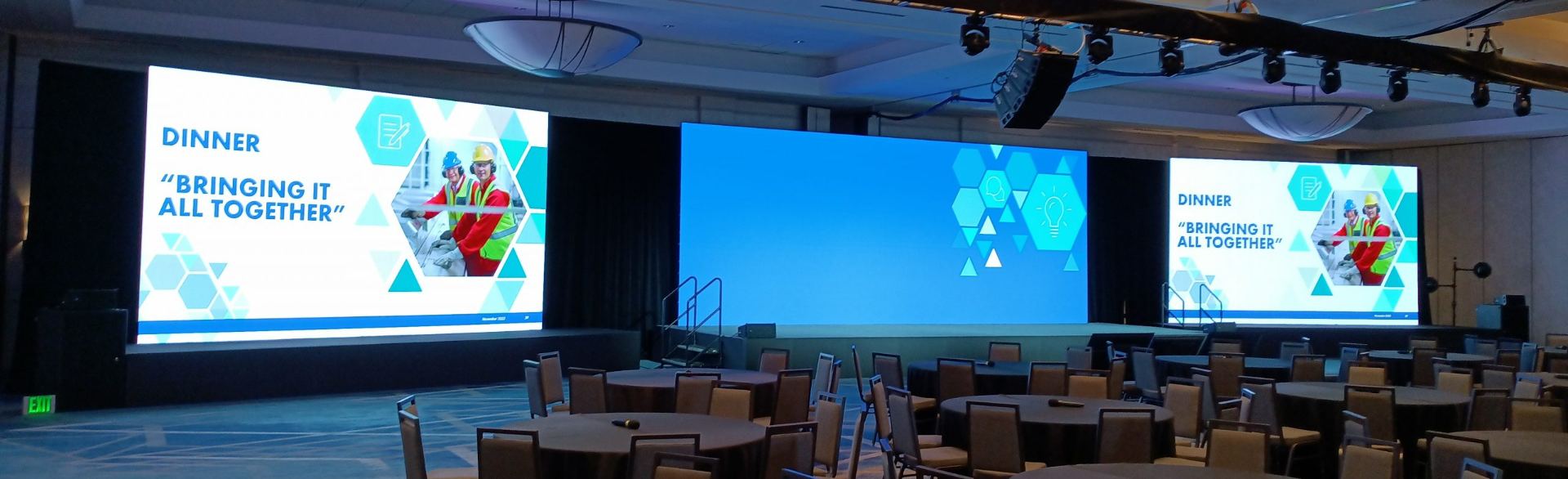 Safety Collaboration Forum 2022 dinner with a center LED wall and two outboard LED walls at The Woodlands Waterway Marriott