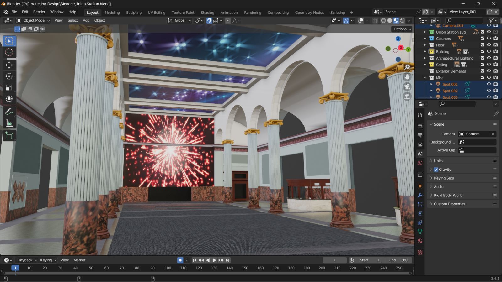 NAVP Blender pre-visualization of Historic Union Station, step 2: textured model with surface materials