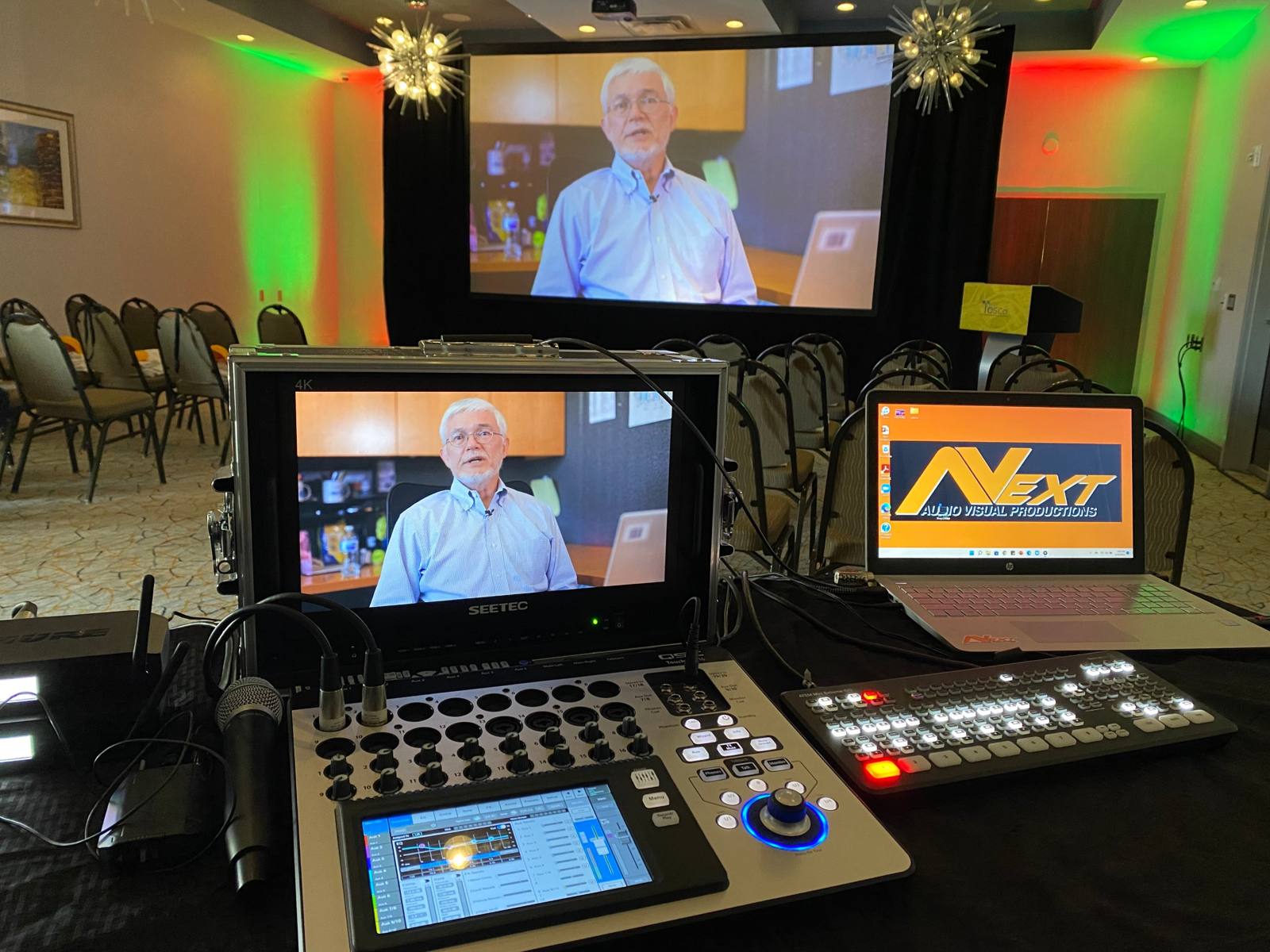 TOSCO hybrid event: a remote speaker on the projection screen and program monitor, run from NAVP's QSC TouchMix digital mixer and Blackmagic ATEM Mini Extreme ISO switcher